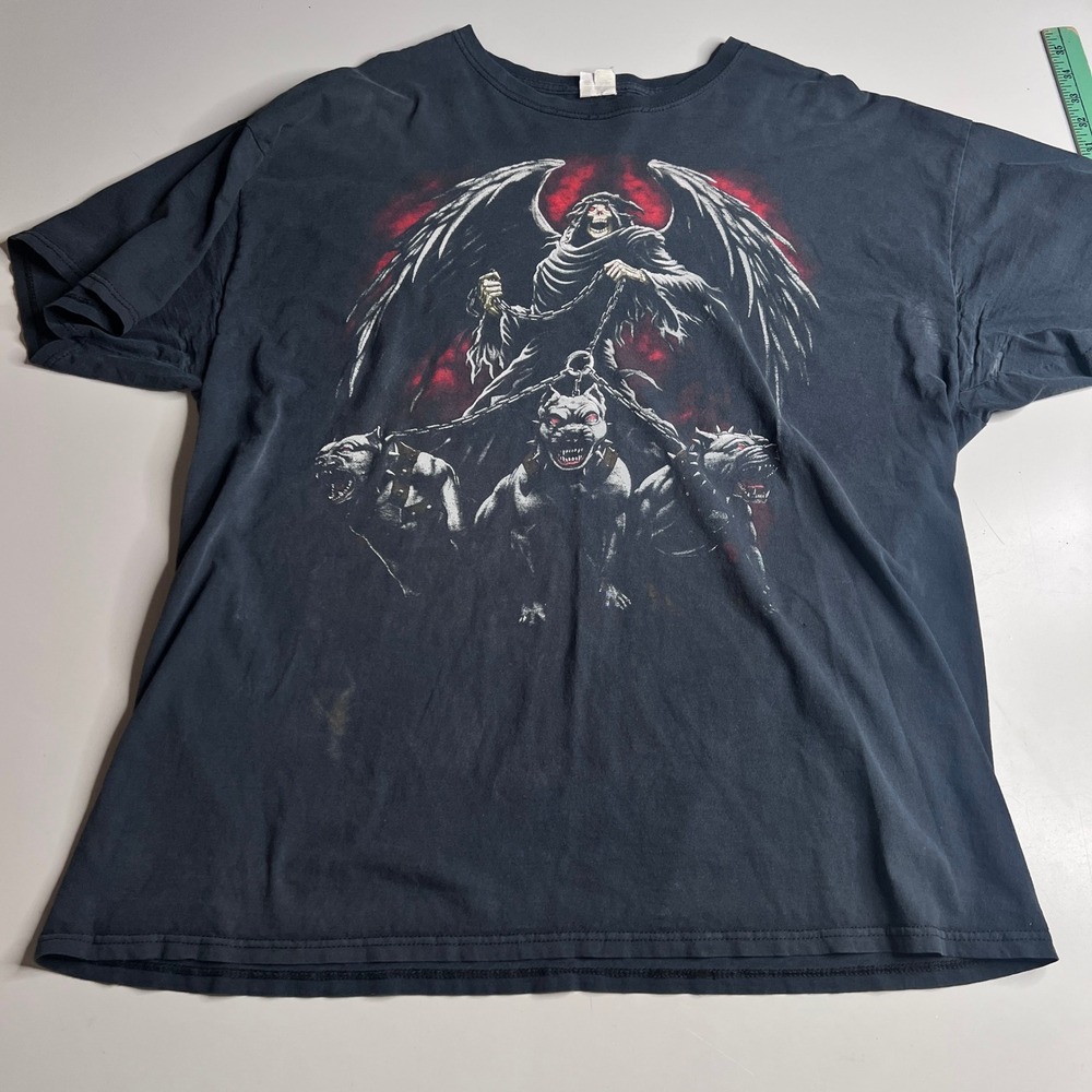 Fruit of the Loom Grim Reaper Hellhound Graphic T-Shirt Black Mens XL HD Cotton